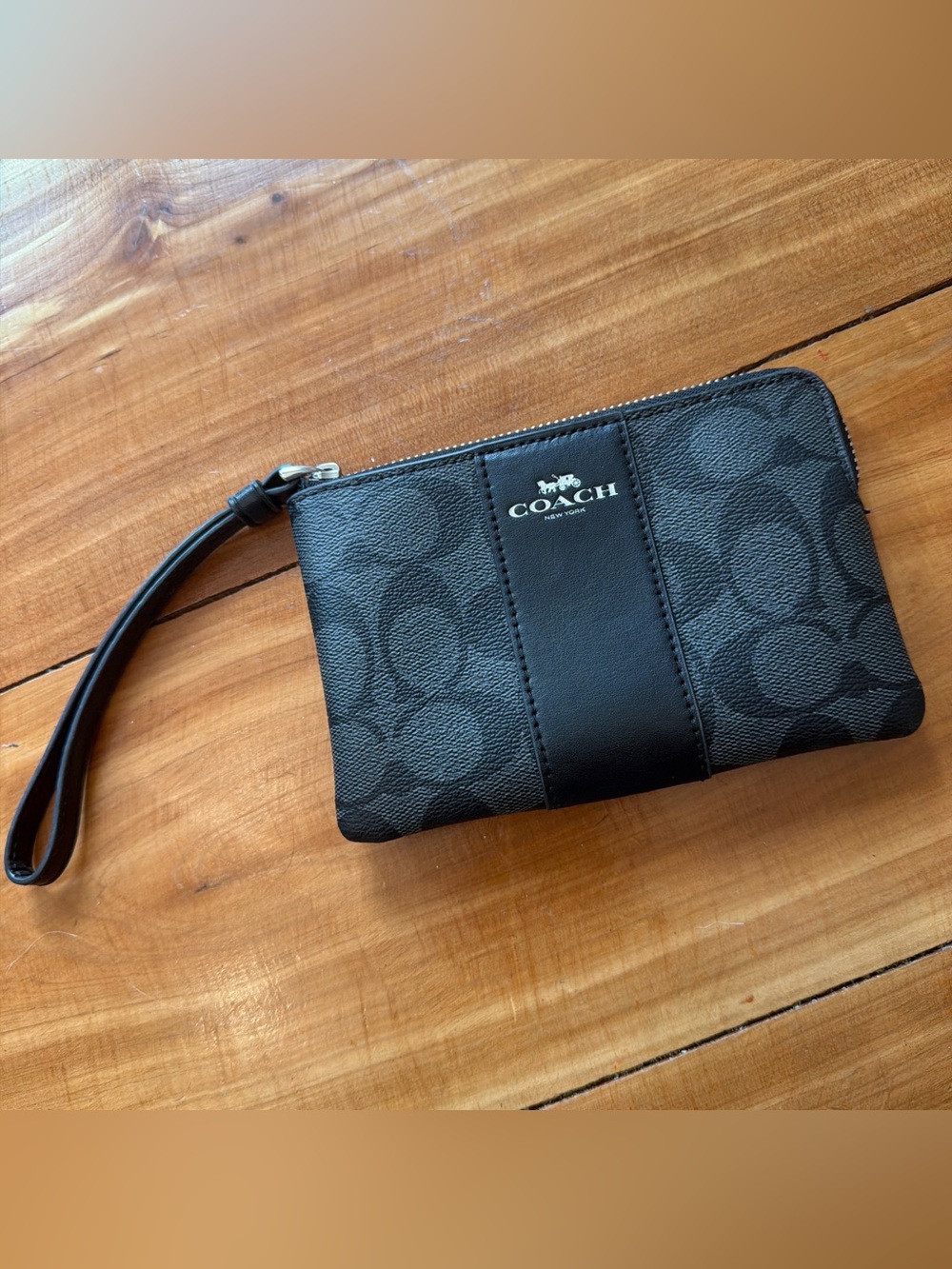 Coach Black Leather Logo Wristlet/Wallet, Like New, Silver Hardware